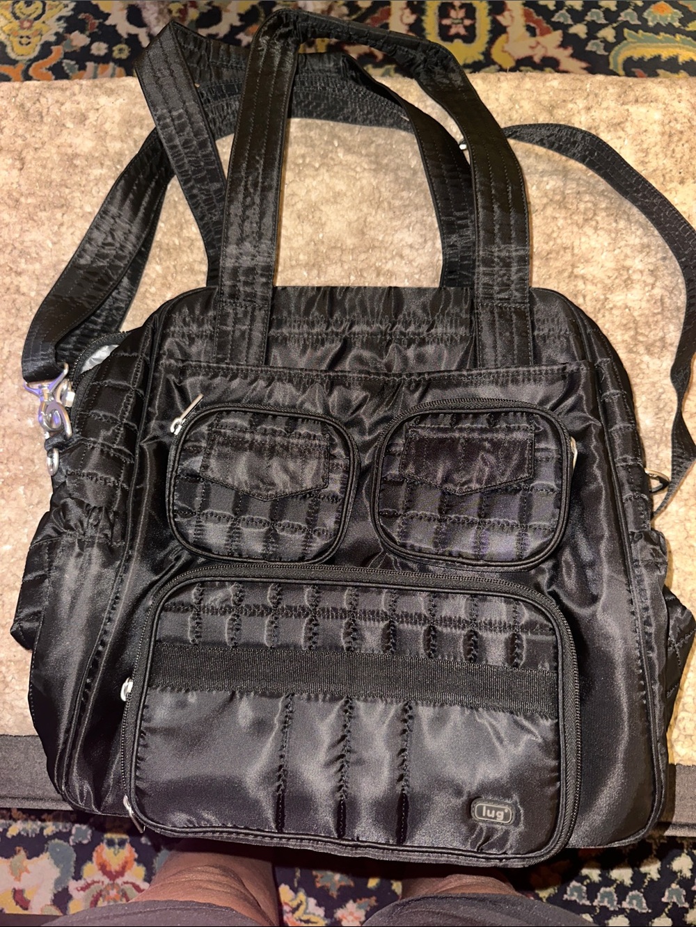 LUG PUDDLEJUMPER- Black Quilted Nylon Shoulder Tote with Multiple Pockets
